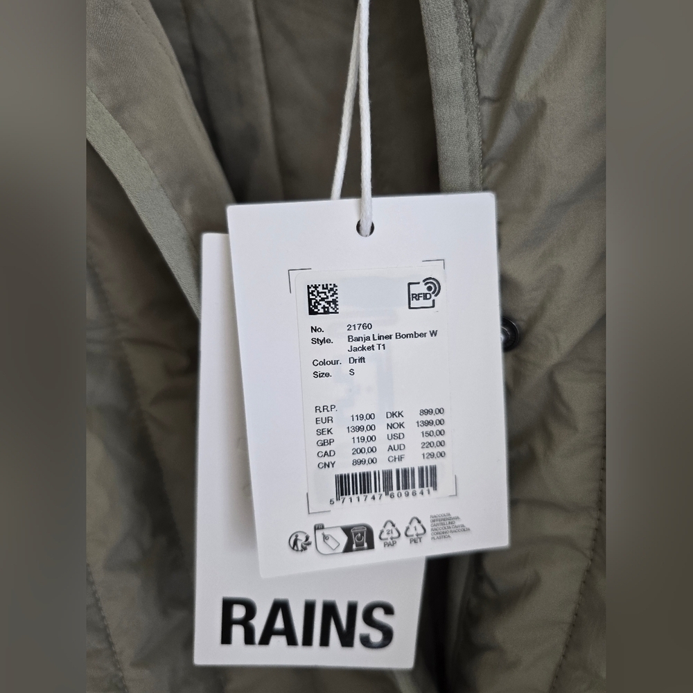 NWT! Rains, Banja Liner Bomber W Jacket, Drift, Size Small, MSRP $150 - Picture 9 of 10